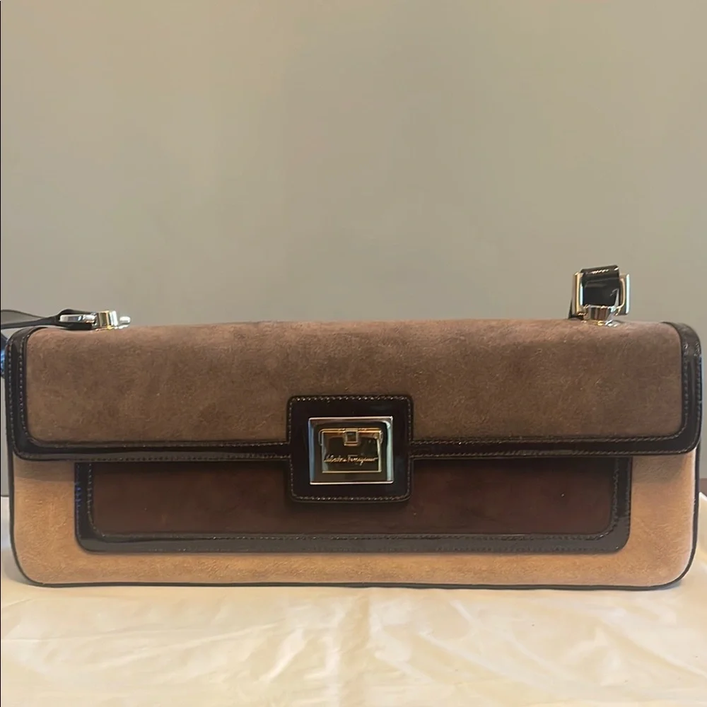 Salvatore Ferragamo Brown and Tan Suede Leather Clutch